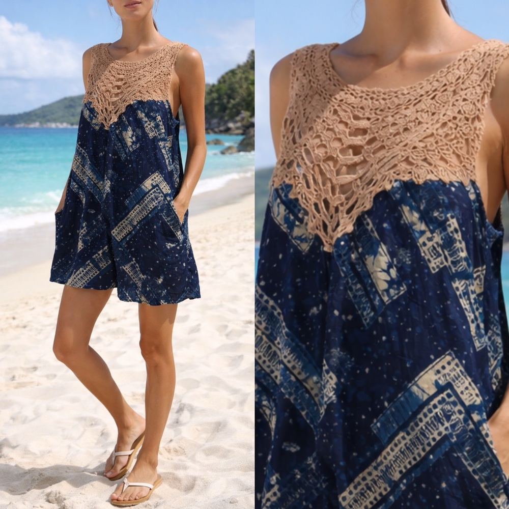 Free People Navy Blue and Beige Crochet Yoke Romper